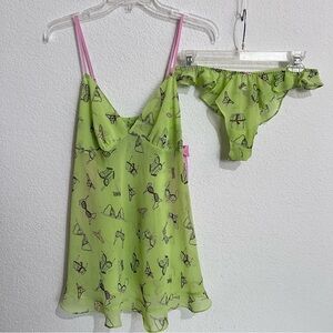 LaSenza Green Print 2 Piece Baby Doll Lingerie Nightie Set Top & Panties Medium